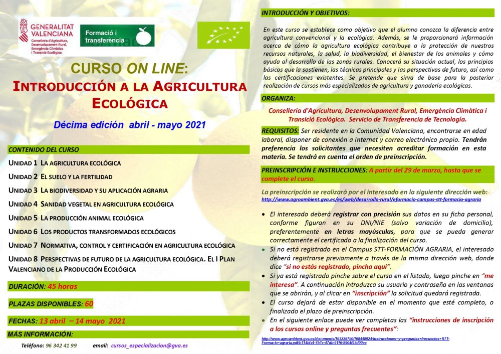  GVA - CURSO ONLINE INTRODUCCION A LA AGRICULTURA 10 EDICION ABRIL 2021